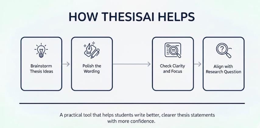 Infographic showing the purpose of a thesis statement, illustrated as a compass with labels: guides your argument, keeps writing focused, tells reader what to expect, and shows academic confidence.