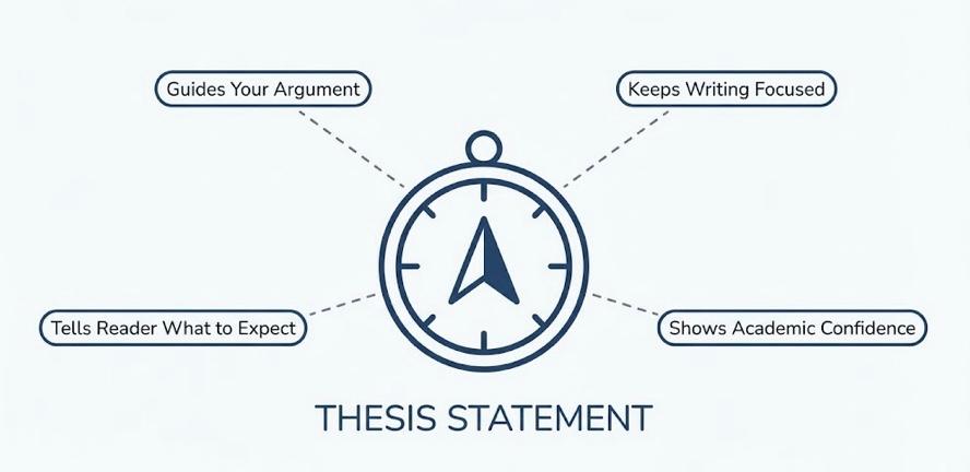 Diagram showing the four characteristics of a strong thesis statement: clear, specific, arguable and focused, each represented with a simple icon.