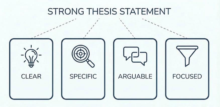 Infographic listing common thesis statement mistakes with icons: too broad, just stating a fact, not arguable, too many ideas at once, and vague language