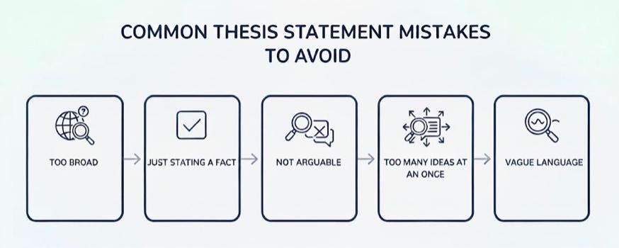 Infographic explaining how ThesisAI helps students write thesis statements, with icons for brainstorming ideas, polishing wording, checking clarity and aligning with the research question.
